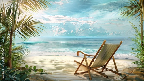 3D rendering, beach chairs on sandy beach with blue sky and sea background © MUS_GRAPHIC