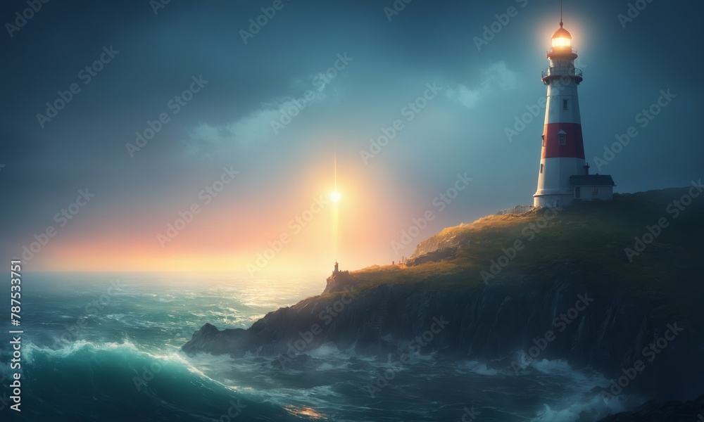 Lighthouse on the rock at night, illustration.