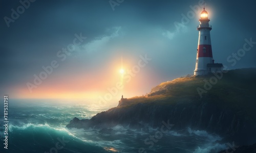 Lighthouse on the rock at night, illustration.