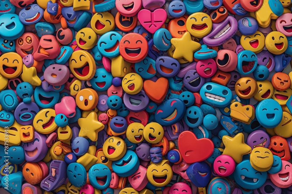 Lots of smiling emojis, background with a texture of funny emojis