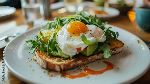 Avocado toast with poached egg and fresh greens on white plate at charming street cafe