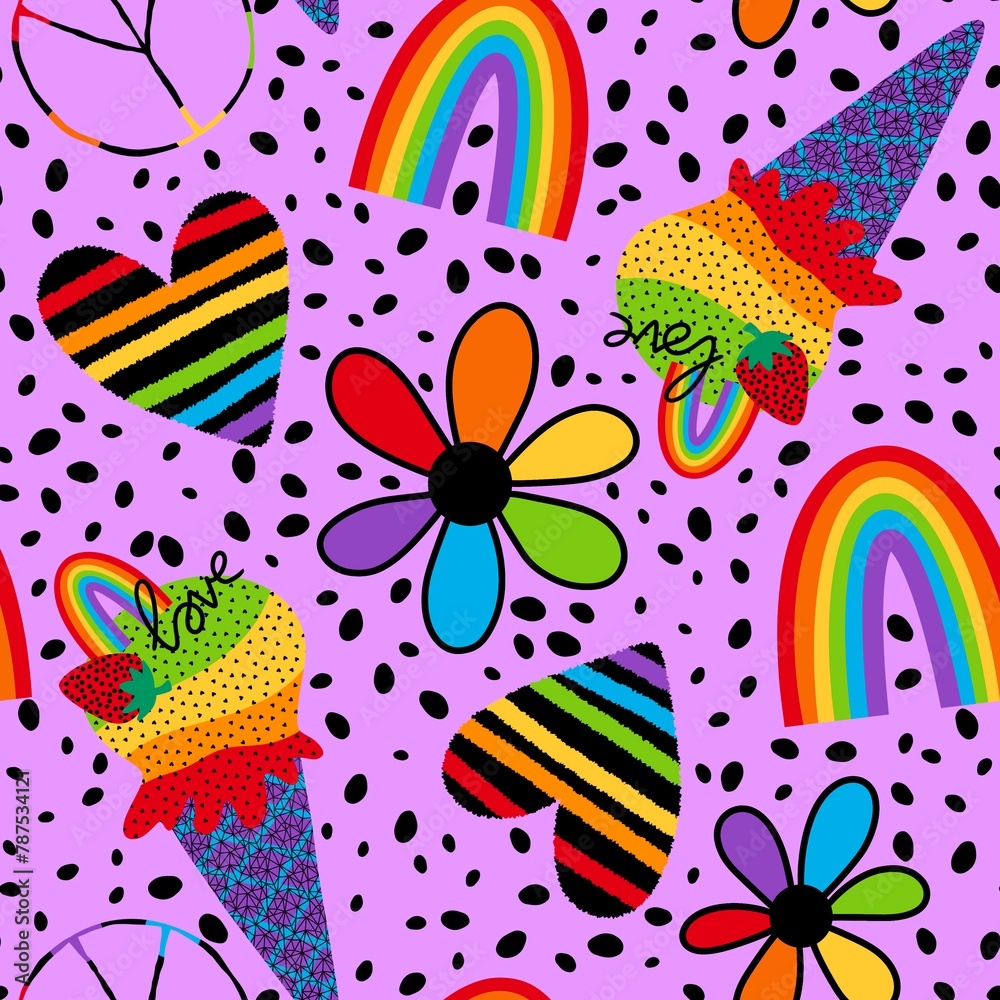 Fototapeta premium Summer print rainbow ice cream seamless lgbt love pattern for wrapping paper and fabrics and party pride accessories