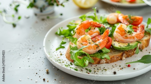 Delicious avocado toast with lemon, fresh greens, and shrimp on elegant white plate with spices