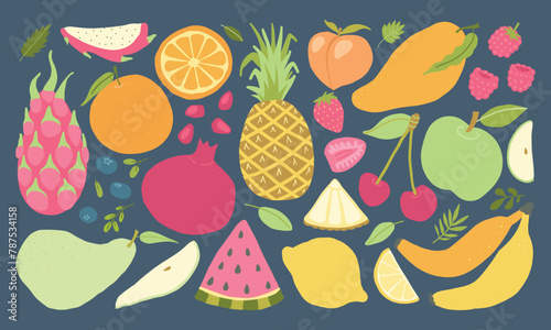 A delightful assortment of colorful fruit illustrations, including tropical and citrus, on a dark background, perfect for healthy eating menu themes. © AlexTroi