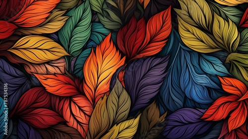 Vibrant Illustration of Multi-Colored Leaf Pattern Creating an Artistic Background Texture.