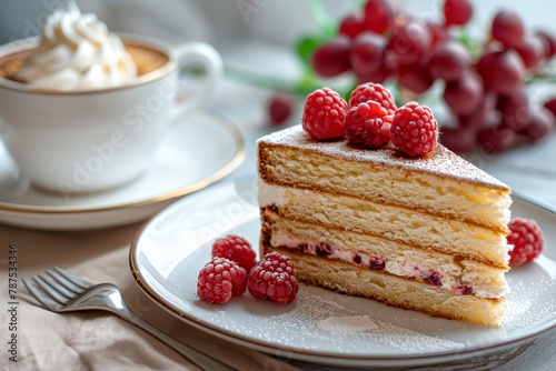 Raspberry cake and cup of coffee