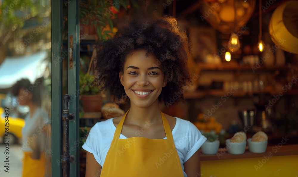 Portrait of young African-American curly woman small business owner of coffee shop standing at entrance wearing yellow apron and white shirt