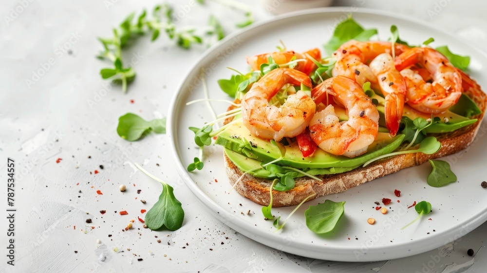 Healthy brunch. Avocado toast with fresh greens and shrimp on white plate, top view Healthy brunch. Avocado toast with fresh greens and shrimp on white plate, top view