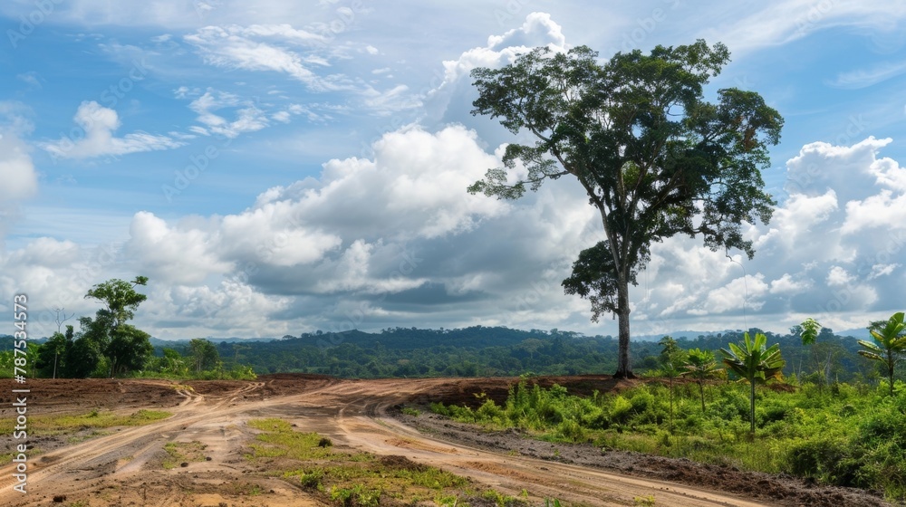 A towering tree is being down to make way for more land for oil extraction showcasing the longterm consequences of unsustainable fuel sources on deforestation and habitat loss. .