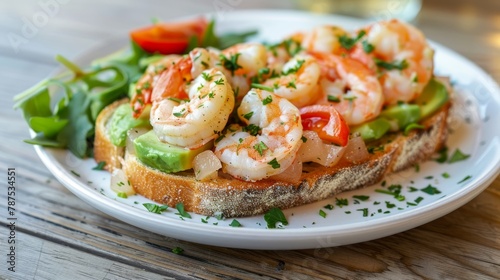 Scrumptious avocado and shrimp toast on elegant white plate at delightful street cafe setting