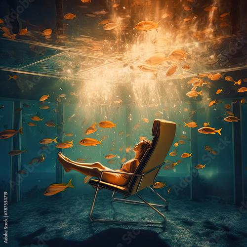 Woman in white dress sitting on chair and sleeping underwater among red fishes. Dream in auqarium water