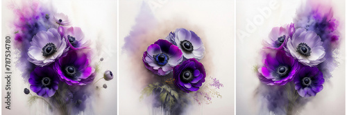 Tryptyk fioletowe kwiaty zawilce. Tło kwiatowe wiosenne. Obraz na ściane, dekoracja. Tapeta kwiatowa. Motyw kwiatowy © Iwona