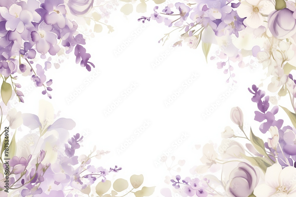 Floral Frame, Watercolor White violets with lavender tones, Invitation Design with Copy Space