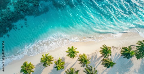 Beautiful aerial view of a white sandy beach with palm trees and blue water in the Caribbean Generative AI