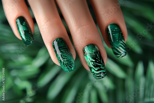 Green nails, beautiful groomed woman hands with green nail polish
