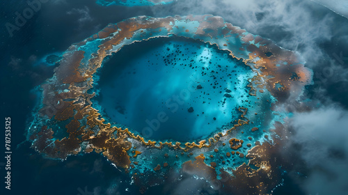 A coral atoll from a bird's eye view, drone photography to capture the stunning contrast between the deep blue sea and the coral ring photo