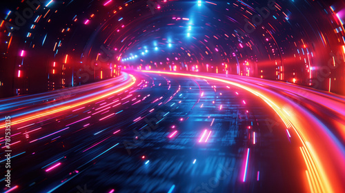 Futuristic tunnel with blurred lines of light. Neon lighting and blurry lights of transport in the night.