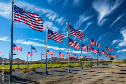 field of American flags against a deep blue sky, symbolizing the unity and resilience of the nation on Veterans Day, Labor Day, and Independence Day.