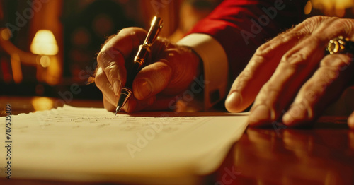 An elderly persons hands poised with a fountain pen over a sheet of paper, illuminated by warm candlelight