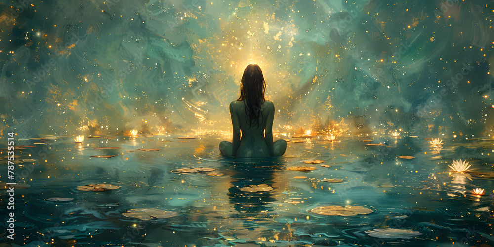 Golden Serenity: A Calming Scene of a Tranquil Buddha Figure Surrounded by Lotus Flowers and Turquoise Waters