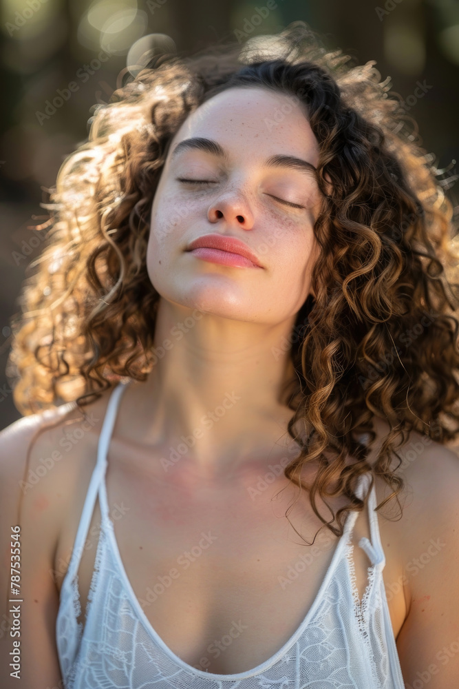 Charming woman with her eyes closed, wearing a tank top, is captured in this scene Charming woman with her eyes closed, wearing a tank top, is captured in this scene