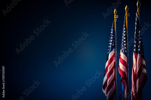 solemn beauty of American flags against a deep blue background, paying tribute to the bravery and resilience of veterans on Veterans Day, Labor Day, and Independence Day.