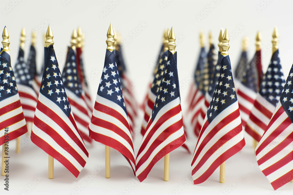 group of USA flags arranged in a solemn display against a white background, paying tribute to the fallen heroes on Memorial Day.