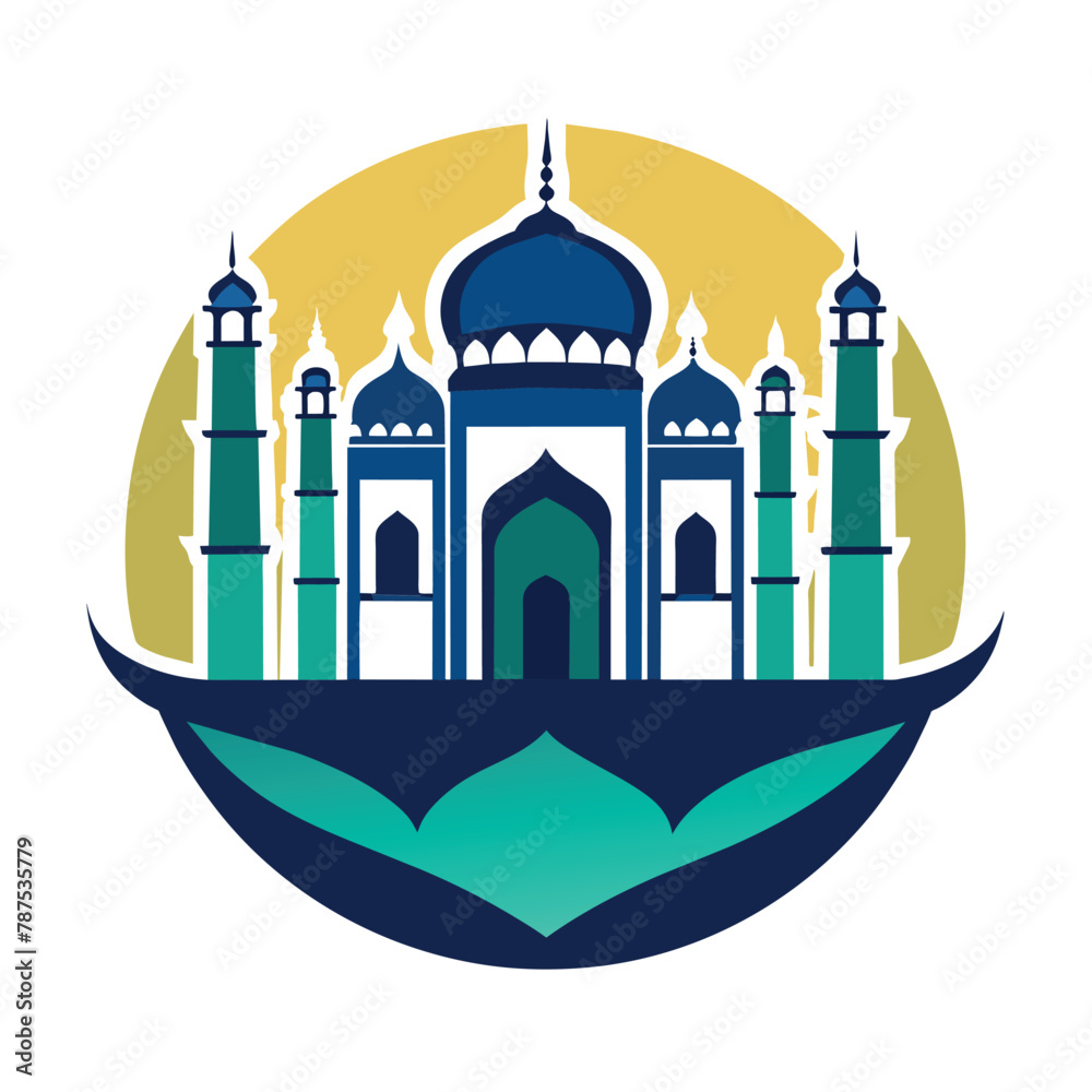 A blue and white building featuring a striking blue dome under clear skies, A clean design of the Taj Mahal, minimalist simple modern vector logo design