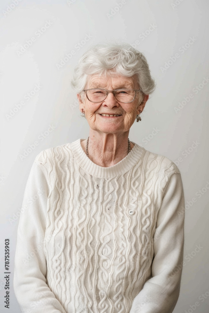 Older woman with glasses and a sweater poses for a portrait Older woman with glasses and a sweater poses for a portrait