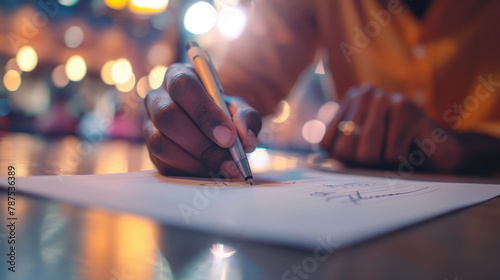 A person is seated at a desk, writing on a piece of paper with a pen in hand. The focus is on the action of writing