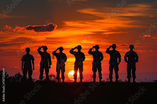 silhouettes of soldiers in solemn salute as the sun dips below the horizon, ideal for a greeting card expressing gratitude and remembrance on Veterans Day, Memorial Day, and Indepe