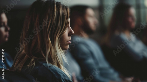 A diverse group of individuals sitting closely together in a row, engaged in conversation or observing a shared activity