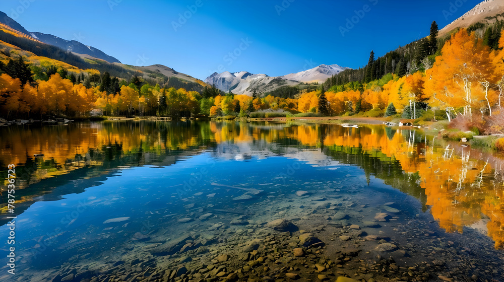 A crystal-clear mountain lake reflecting the surrounding autumn-colored forest, captured with a polarizing filter to enhance reflections and color saturation