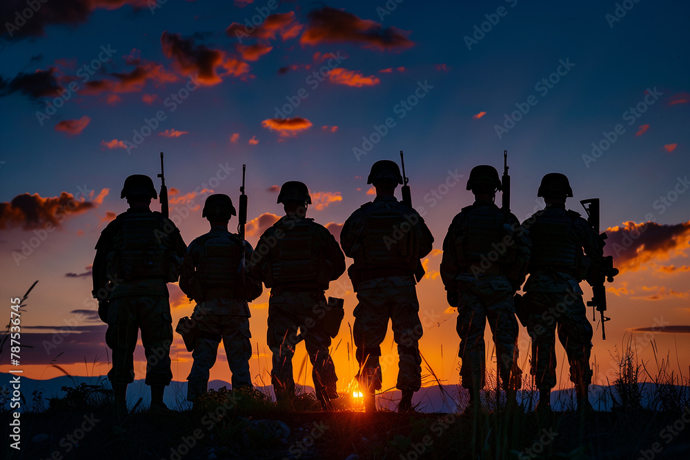 solemn silhouette of soldiers standing in unity against the backdrop of a serene sunset, conveying reverence and honor for a greeting card dedicated to Veterans Day, Memorial Day,