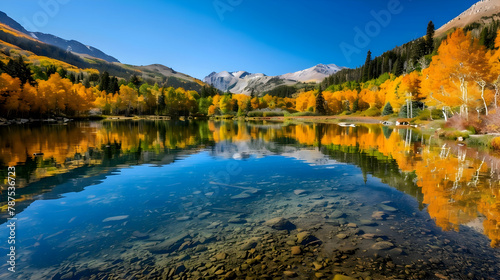 A crystal-clear mountain lake reflecting the surrounding autumn-colored forest  captured with a polarizing filter to enhance reflections and color saturation