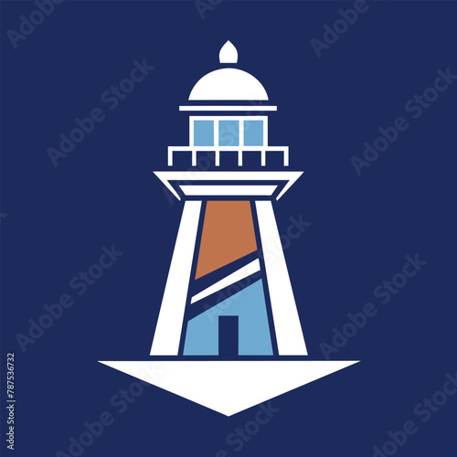A lighthouse with a flag on top stands tall against the backdrop of the ocean, A logo featuring a stylized interpretation of a lighthouse