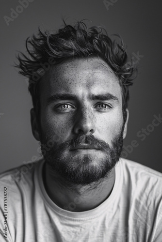 Smolder, high contrast black and white portrait photo of a middle-aged caucasian man with a rugged look