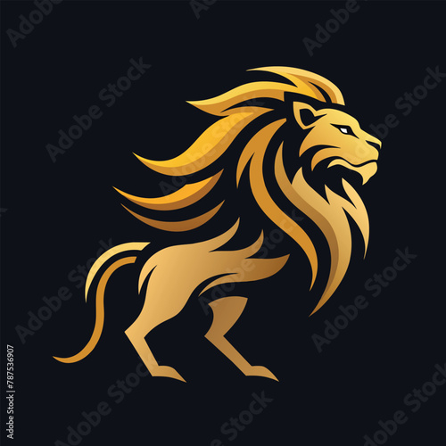 A majestic lion with a flowing mane on a dark backdrop, A majestic lion with a mane flowing in the wind, minimalist simple modern vector logo design