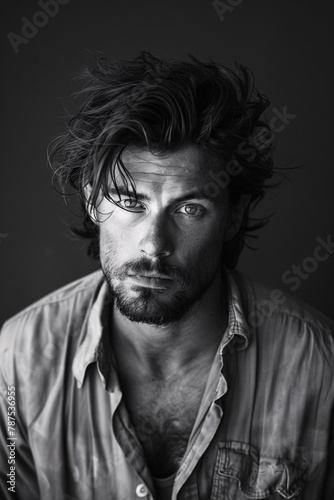 Smolder, high contrast black and white portrait photo of a middle-aged caucasian man with a rugged look