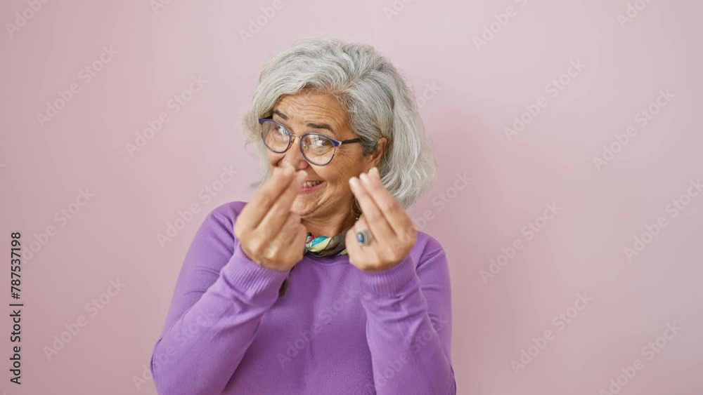 Confident grey-haired middle-aged woman, wearing glasses, standing against a pink isolated background doing the money gesture with hands, smiling and sneakily asking for her business salary payment Confident grey-haired middle-aged woman, wearing glasses, standing against a pink isolated background doing the money gesture with hands, smiling and sneakily asking for her business salary payment