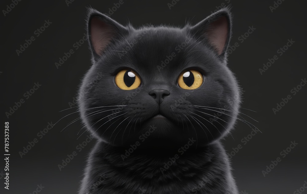 a black cat with yellow eyes is sitting down and looking at the camera