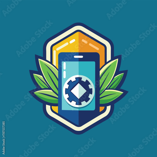 A leaf rests on a cell phone, symbolizing a connection between technology and nature, A minimalistic emblem for a revolutionary app development company