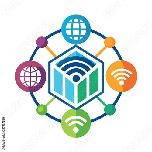 Cubic Logo Surrounded by Icons, A minimalistic representation of the internet of things in a sleek and modern style
