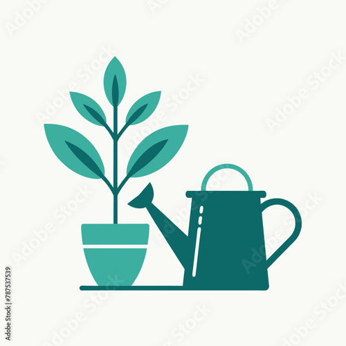 A watering can placed next to a potted plant in a minimalist setting, A minimalist illustration of a watering can and potted plant