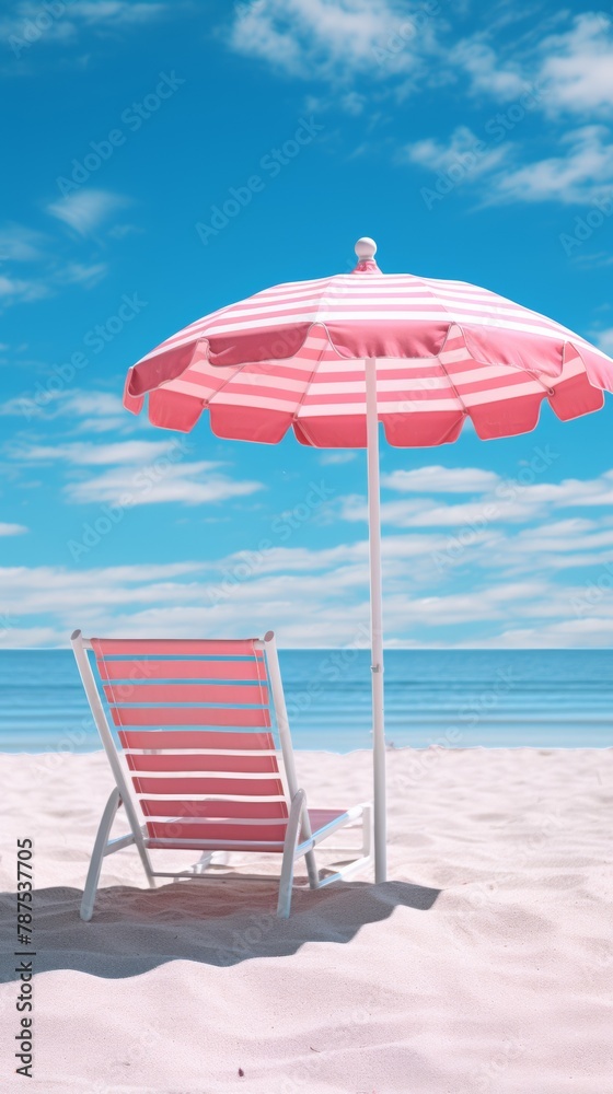 A beach chair and umbrella on a sandy beach with ocean in the background, AI