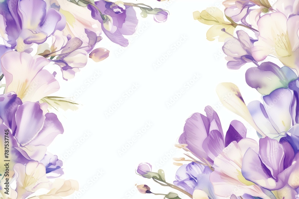 Floral Frame, Watercolor Purple freesias, Invitation Design with Copy Space