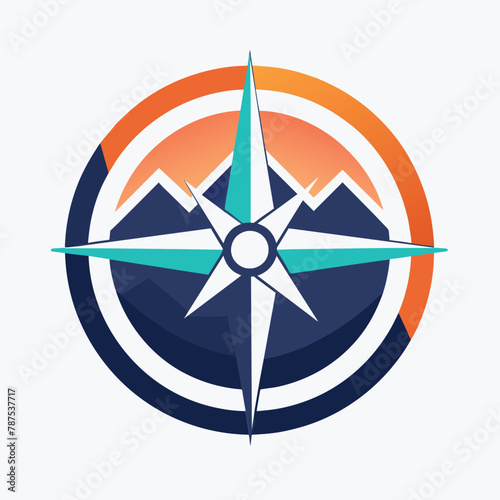 A compass pointing towards majestic mountains in the background, A minimalist logo featuring a compass symbol for a travel navigation app