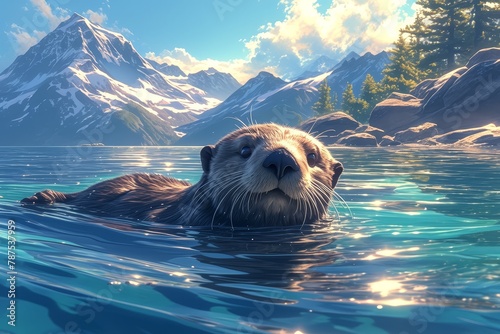 An sea otter swimming in the water, with its head above and paws outstretched on top of its body, with mountains behind photo