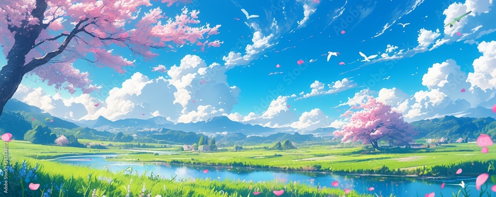 Beautiful anime landscape, green grassland with river and cherry blossom trees in the background