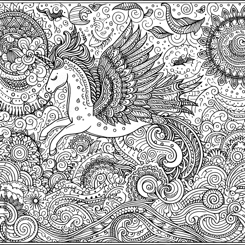 Fototapeta premium Floral pattern coloring page adults and children. Printable black and white. Raster, generative ai.